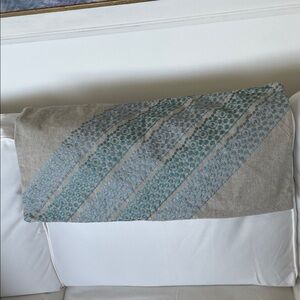 Bolster Cushion Cover Embroidered Beige Linen with Teal Accents